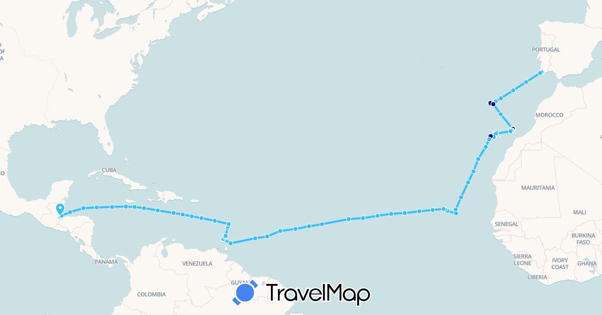 TravelMap itinerary: driving, hiking, boat in Cape Verde, Spain, France, Grenada, Guatemala, Jamaica, Saint Lucia, Portugal, Trinidad and Tobago, Saint Vincent and the Grenadines (Africa, Europe, North America)